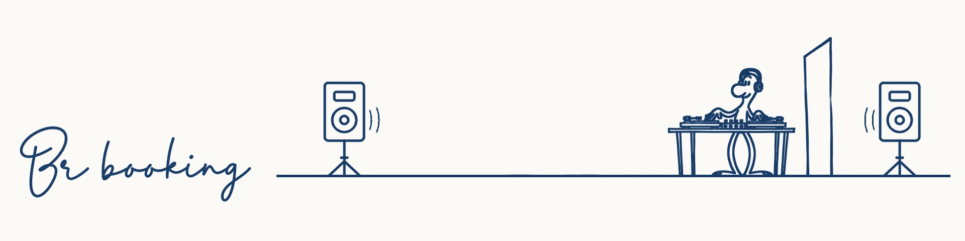 BR Booking : un DJ aux platines, accompagné de deux enceintes, dessiné au trait bleu sur fond ivoire.
